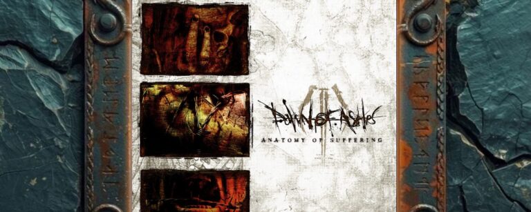 Albumcover von Anatomy Of Suffering: schmutzig weißer Hintergrund mit drei rostrot-braunen Bildfeldern links, kratzigem Dawn-Of-Ashes-Logo in der Mitte und klinisch-kalter Obduktionsästhetik.