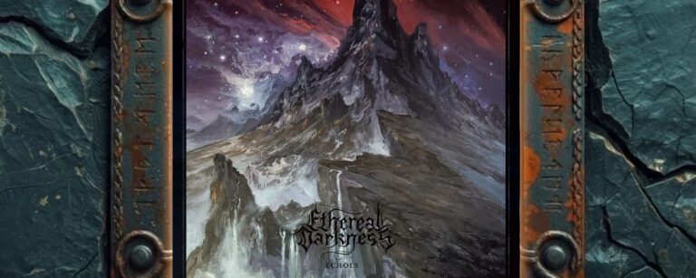 Albumcover von Ethereal Darkness – Echoes: gewaltiger schwarzer Berg unter rotviolettem Sternenhimmel, umgeben von Nebel, Wasserfällen und kosmischer Kälte.