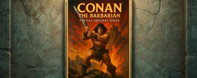 Buchcover von „Conan the Barbarian“ von Robert E. Howard im goldenen Rahmen vor einer verwitterten Steinwand; Conan steht mit erhobenem Schwert vor Feuer und Ruinen.