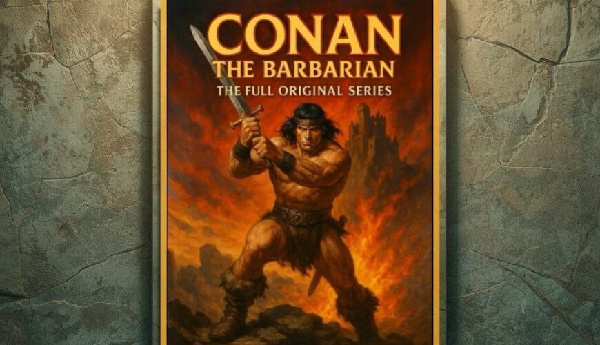 Buchcover von „Conan the Barbarian“ von Robert E. Howard im goldenen Rahmen vor einer verwitterten Steinwand; Conan steht mit erhobenem Schwert vor Feuer und Ruinen.