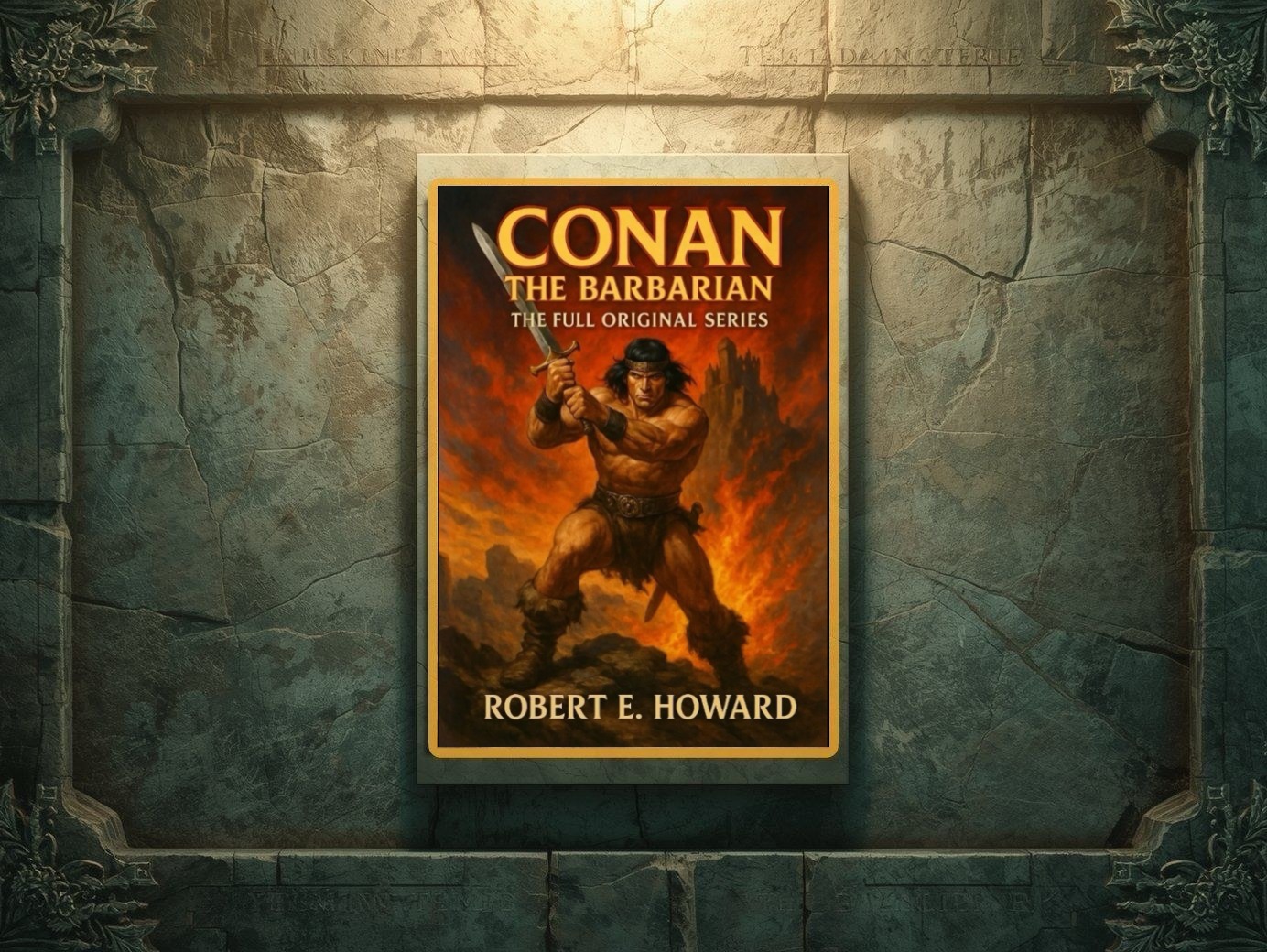 Buchcover von „Conan the Barbarian“ von Robert E. Howard im goldenen Rahmen vor einer verwitterten Steinwand; Conan steht mit erhobenem Schwert vor Feuer und Ruinen.
