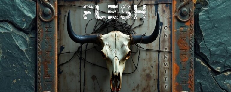 Albumcover Flesh Field – On Enmity: Auf einer schmutzig-grauen Metallwand hängt ein großer, bleicher Stierschädel mit langen schwarzen Hörnern, umwickelt von Stacheldraht; oben steht „FLESH“, unten „FIELD“, rechts vertikal „ON ENMITY“, alles in abgenutzter, rauer Schrift.
