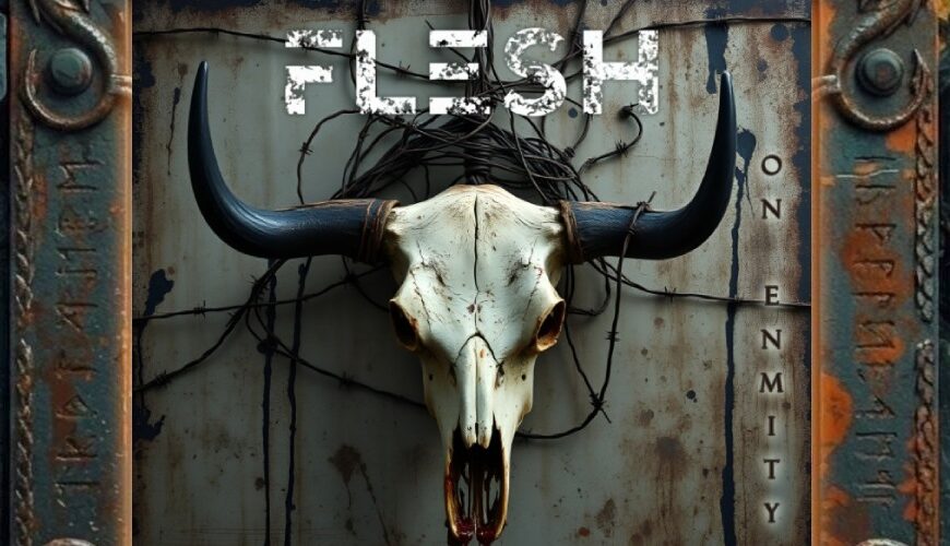 Albumcover Flesh Field – On Enmity: Auf einer schmutzig-grauen Metallwand hängt ein großer, bleicher Stierschädel mit langen schwarzen Hörnern, umwickelt von Stacheldraht; oben steht „FLESH“, unten „FIELD“, rechts vertikal „ON ENMITY“, alles in abgenutzter, rauer Schrift.