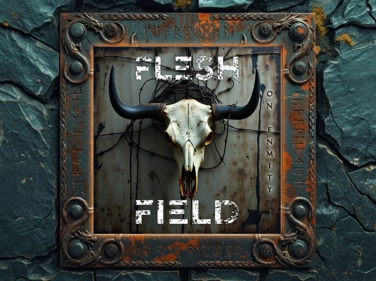 Albumcover Flesh Field – On Enmity: Auf einer schmutzig-grauen Metallwand hängt ein großer, bleicher Stierschädel mit langen schwarzen Hörnern, umwickelt von Stacheldraht; oben steht „FLESH“, unten „FIELD“, rechts vertikal „ON ENMITY“, alles in abgenutzter, rauer Schrift.