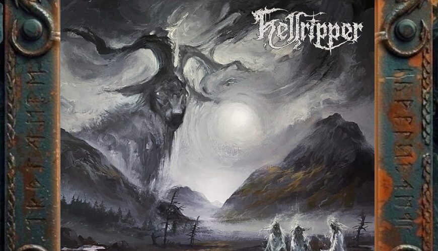 Albumcover von Hellripper – Coronach: geisterhafte, gehörnte Gestalt über einer kalten Hochlandlandschaft mit Trauerzug im Vordergrund.