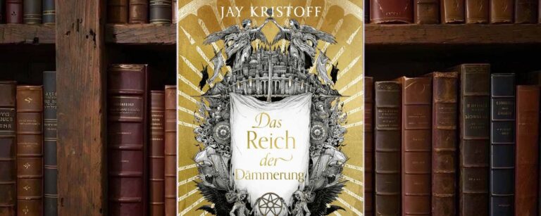 Buchcover von Das Reich der Dämmerung von Jay Kristoff: Vor golden strahlendem Hintergrund erhebt sich ein schwarz-weißes, detailreiches Wappenmotiv mit Engelsfiguren, einer Burg, Bannern, Raben, Waffen und einem weißen Schild in der Mitte, auf dem der Titel steht.