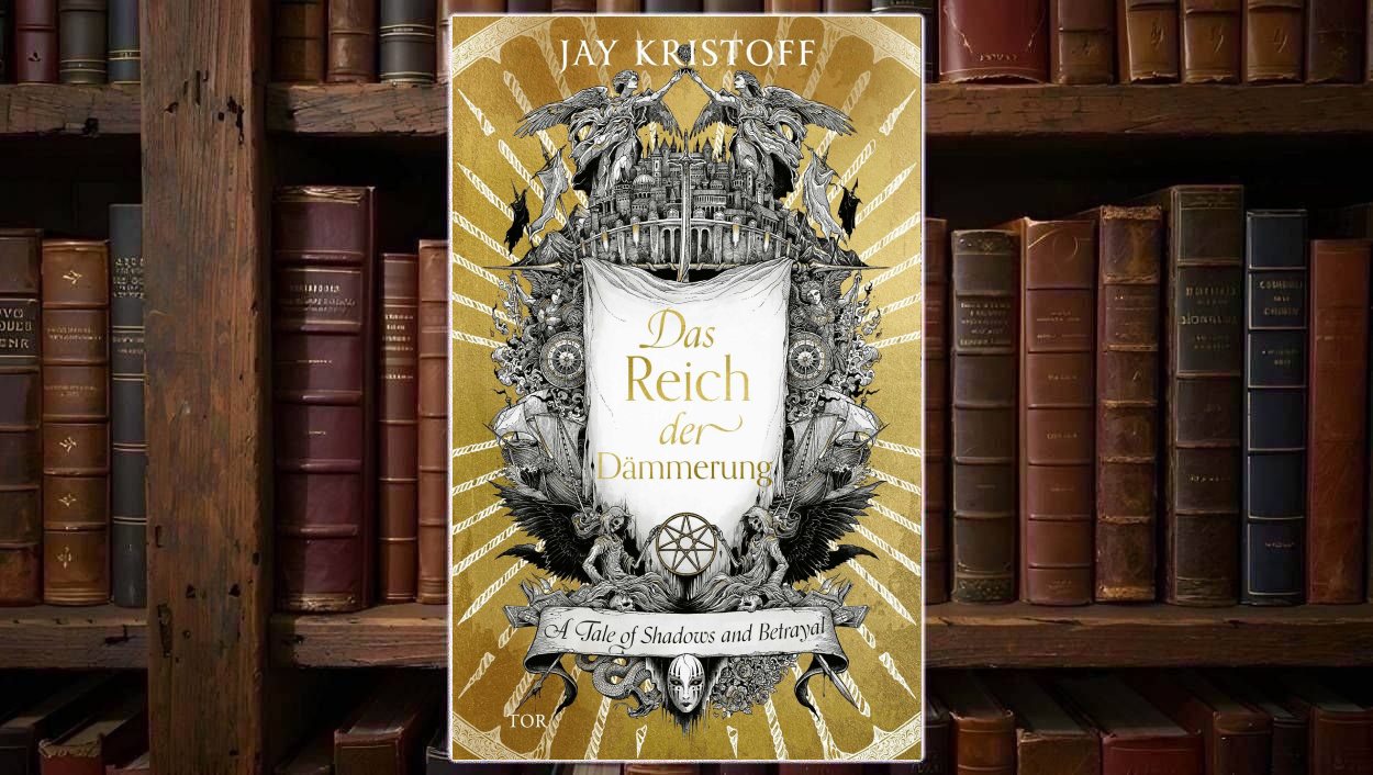 Buchcover von Das Reich der Dämmerung von Jay Kristoff: Vor golden strahlendem Hintergrund erhebt sich ein schwarz-weißes, detailreiches Wappenmotiv mit Engelsfiguren, einer Burg, Bannern, Raben, Waffen und einem weißen Schild in der Mitte, auf dem der Titel steht.