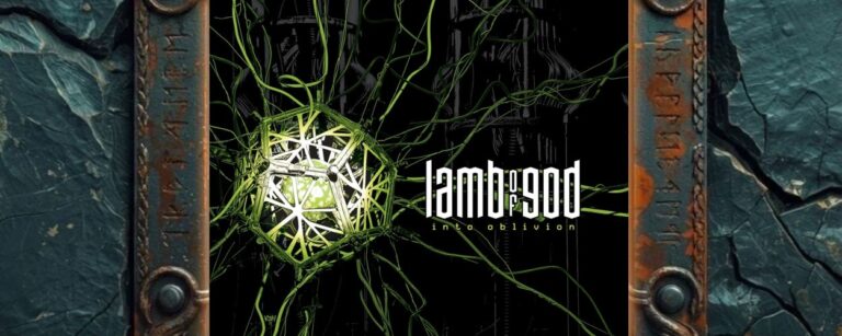 Albumcover Lamb of God – Into Oblivion: grün glühende, geometrische Zellen- oder Käfigstruktur mit langen Kabelsträngen vor schwarzem industriellen Hintergrund, daneben das weiße Lamb-of-God-Logo und der Titel Into Oblivion.
