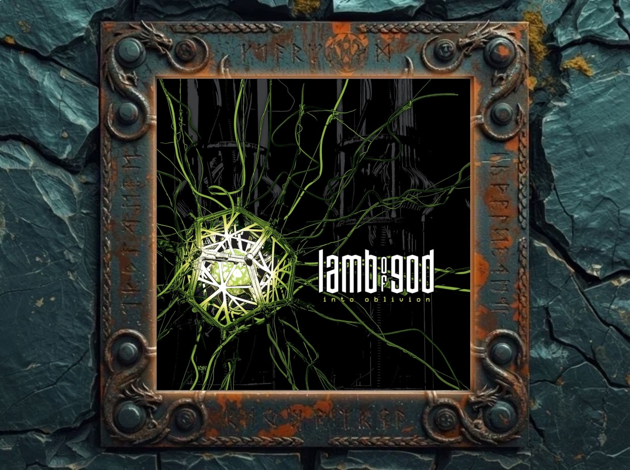Albumcover Lamb of God – Into Oblivion: grün glühende, geometrische Zellen- oder Käfigstruktur mit langen Kabelsträngen vor schwarzem industriellen Hintergrund, daneben das weiße Lamb-of-God-Logo und der Titel Into Oblivion.
