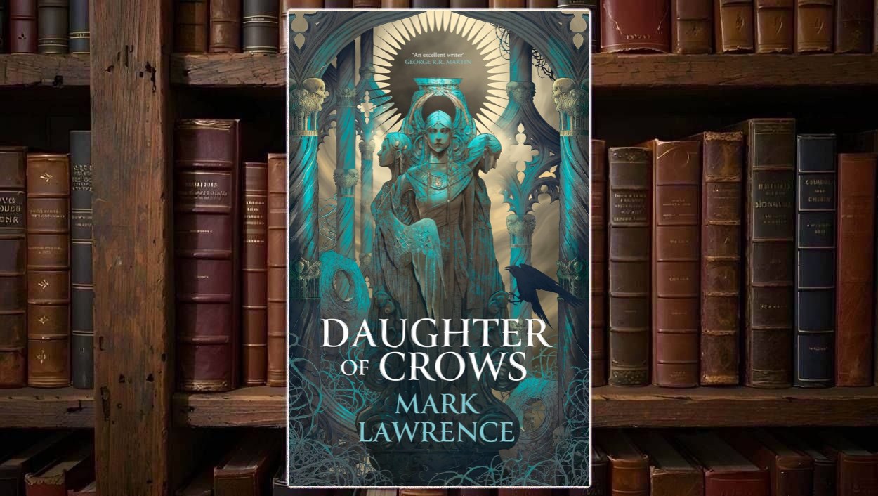 Türkis-grau gehaltenes Fantasy-Cover zu Daughter of Crows: Eine ernste weibliche Gestalt sitzt thronartig zwischen gotischen Säulen und drei weiteren Frauenprofilen, hinter ihr ein strahlenförmiger Heiligenschein. Am unteren Bildrand hockt eine schwarze Krähe zwischen Dornen und Wurzelwerk. Die Komposition wirkt düster, sakral und von Vergeltung durchzogen.