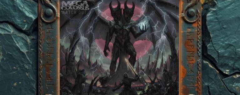 Albumcover Mega Colossus – Watch Out!: gewaltiger zweiköpfiger Dämon mit Fledermausflügeln vor rotem Mond und Blitzen, während ein einzelner Krieger in einer von Leichen und Rüstungen übersäten Schlachtlandschaft das Schwert erhebt.