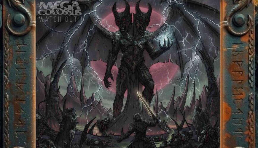 Albumcover Mega Colossus – Watch Out!: gewaltiger zweiköpfiger Dämon mit Fledermausflügeln vor rotem Mond und Blitzen, während ein einzelner Krieger in einer von Leichen und Rüstungen übersäten Schlachtlandschaft das Schwert erhebt.