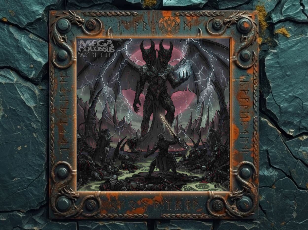 Albumcover Mega Colossus – Watch Out!: gewaltiger zweiköpfiger Dämon mit Fledermausflügeln vor rotem Mond und Blitzen, während ein einzelner Krieger in einer von Leichen und Rüstungen übersäten Schlachtlandschaft das Schwert erhebt.
