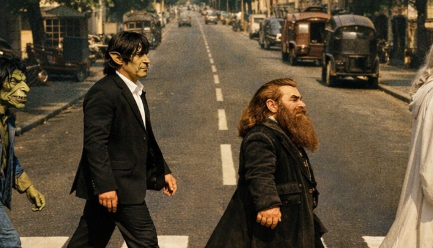 Quadratische Fantasy-Parodie auf das Abbey Road Albumcover: Ein Goblin in blauer Reisekleidung, ein barfüßiger Ork im schwarzen Anzug, ein Zwerg in dunklem Mantel und ein grummeliger Zauberer in weißen Roben überqueren gemeinsam einen Zebrastreifen auf einer von Bäumen gesäumten Straße. Im Hintergrund stehen altmodische Wagen und Kutschen in warmer Sommersonne.