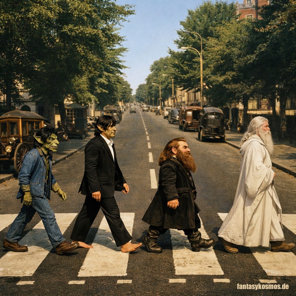 Quadratische Fantasy-Parodie auf das Abbey Road Albumcover: Ein Goblin in blauer Reisekleidung, ein barfüßiger Ork im schwarzen Anzug, ein Zwerg in dunklem Mantel und ein grummeliger Zauberer in weißen Roben überqueren gemeinsam einen Zebrastreifen auf einer von Bäumen gesäumten Straße. Im Hintergrund stehen altmodische Wagen und Kutschen in warmer Sommersonne.