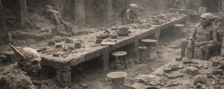 Archäologischer Fantasy-Fund im Hochformat: In einer ausgegrabenen, aschebedeckten Steinhallle stehen lange Tische, Hocker, Schalen und Werkzeuge unter einem modernen Schutzdach. Mehrere konservierte Goblin-Körper sitzen, hängen oder liegen noch an ihren Plätzen, als sei eine ganze Mahlzeit oder Ratssitzung im Moment des Untergangs eingefroren worden. Die Szene wirkt wie ein weltberühmter Katastrophenfund aus einer versiegelten Goblin-Stadt.