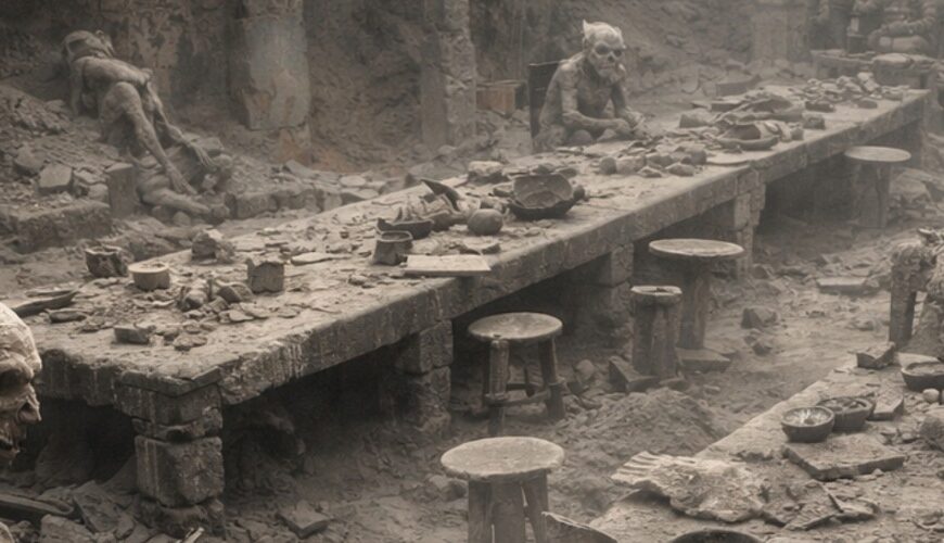 Archäologischer Fantasy-Fund im Hochformat: In einer ausgegrabenen, aschebedeckten Steinhallle stehen lange Tische, Hocker, Schalen und Werkzeuge unter einem modernen Schutzdach. Mehrere konservierte Goblin-Körper sitzen, hängen oder liegen noch an ihren Plätzen, als sei eine ganze Mahlzeit oder Ratssitzung im Moment des Untergangs eingefroren worden. Die Szene wirkt wie ein weltberühmter Katastrophenfund aus einer versiegelten Goblin-Stadt.