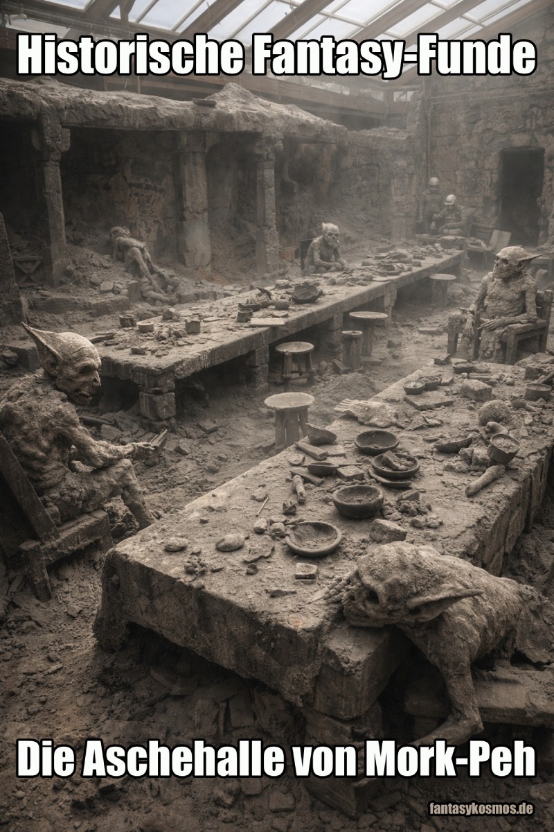 Archäologischer Fantasy-Fund im Hochformat: In einer ausgegrabenen, aschebedeckten Steinhallle stehen lange Tische, Hocker, Schalen und Werkzeuge unter einem modernen Schutzdach. Mehrere konservierte Goblin-Körper sitzen, hängen oder liegen noch an ihren Plätzen, als sei eine ganze Mahlzeit oder Ratssitzung im Moment des Untergangs eingefroren worden. Die Szene wirkt wie ein weltberühmter Katastrophenfund aus einer versiegelten Goblin-Stadt.