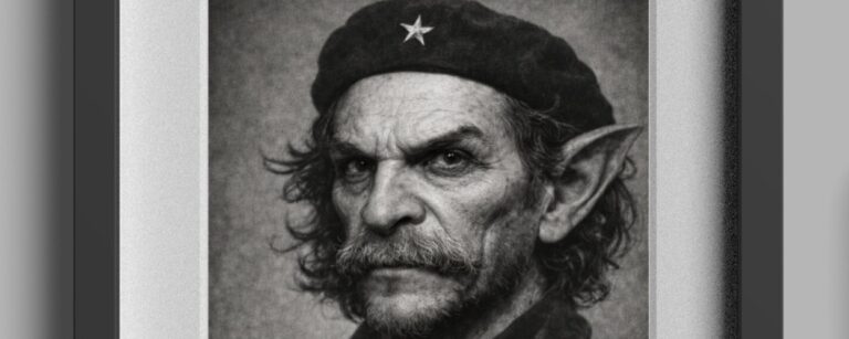 Schlicht gerahmtes Schwarzweiß-Gedenkporträt mit Passepartout: Ein grimmig blickender Goblin-Revolutionär mit spitzen Ohren, Bartstoppeln und dunkler Baskenmütze mit Stern schaut streng aus dem Bild. Unter dem Porträt steht in klassischer Serifenschrift „CHE GOBVARA“, darunter „Anführer der Großen Stollenrevolte“. Die Inszenierung wirkt wie ein museales Erinnerungsstück aus einer alternativen Fantasy-Geschichte.
