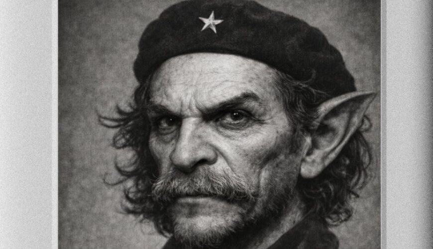 Schlicht gerahmtes Schwarzweiß-Gedenkporträt mit Passepartout: Ein grimmig blickender Goblin-Revolutionär mit spitzen Ohren, Bartstoppeln und dunkler Baskenmütze mit Stern schaut streng aus dem Bild. Unter dem Porträt steht in klassischer Serifenschrift „CHE GOBVARA“, darunter „Anführer der Großen Stollenrevolte“. Die Inszenierung wirkt wie ein museales Erinnerungsstück aus einer alternativen Fantasy-Geschichte.