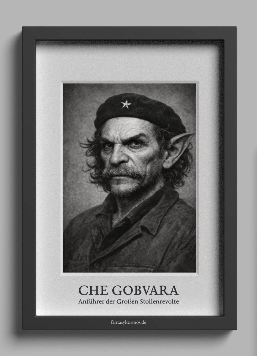 Schlicht gerahmtes Schwarzweiß-Gedenkporträt mit Passepartout: Ein grimmig blickender Goblin-Revolutionär mit spitzen Ohren, Bartstoppeln und dunkler Baskenmütze mit Stern schaut streng aus dem Bild. Unter dem Porträt steht in klassischer Serifenschrift „CHE GOBVARA“, darunter „Anführer der Großen Stollenrevolte“. Die Inszenierung wirkt wie ein museales Erinnerungsstück aus einer alternativen Fantasy-Geschichte.
