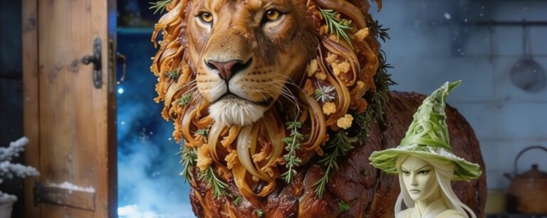Meme-Grafik im Hochformat: In einer rustikalen Bauernküche stehen ein majestätischer Löwe aus gebratenem Braten mit Mähne aus Röstzwiebeln und Kräutern, zwei kleine Wurstfiguren in Kohlumhängen und eine strenge Hexengestalt aus hellen Gemüseschichten vor einem geöffneten Schrank mit winterlichem Licht.