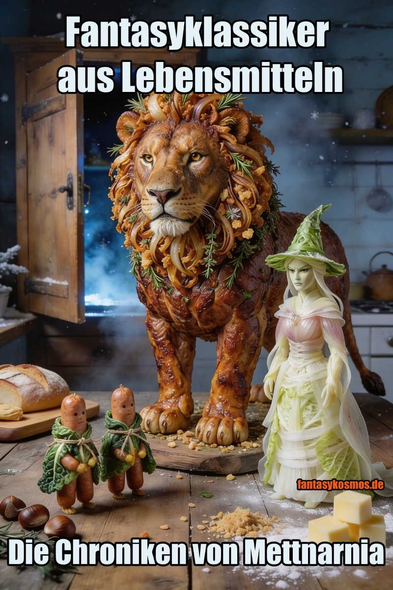 Meme-Grafik im Hochformat: In einer rustikalen Bauernküche stehen ein majestätischer Löwe aus gebratenem Braten mit Mähne aus Röstzwiebeln und Kräutern, zwei kleine Wurstfiguren in Kohlumhängen und eine strenge Hexengestalt aus hellen Gemüseschichten vor einem geöffneten Schrank mit winterlichem Licht. Oben steht „Fantasyklassiker aus Lebensmitteln“, unten „Die Chroniken von Mettnarnia“, unten rechts das Logo fantasykosmos.de.