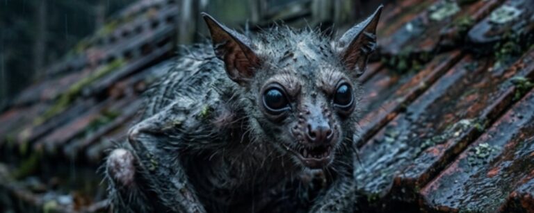 Makroartiges Fantasy-Naturfoto im Hochformat: Ein hagerer Dachrinnenschrat mit nassem, struppigem Fell, großen dunklen Augen und langen knochigen Fingern kauert in einer rostigen Dachrinne an einem verfallenen Haus im Regen. Moose, Schmutz und nasse Dachziegel rahmen die unheimliche Szene.