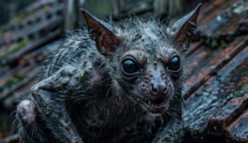 Makroartiges Fantasy-Naturfoto im Hochformat: Ein hagerer Dachrinnenschrat mit nassem, struppigem Fell, großen dunklen Augen und langen knochigen Fingern kauert in einer rostigen Dachrinne an einem verfallenen Haus im Regen. Moose, Schmutz und nasse Dachziegel rahmen die unheimliche Szene.