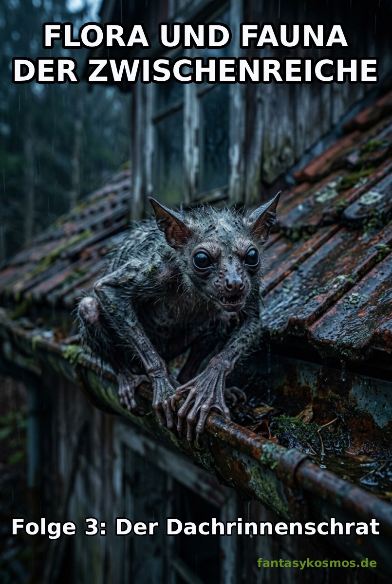 Makroartiges Fantasy-Naturfoto im Hochformat: Ein hagerer Dachrinnenschrat mit nassem, struppigem Fell, großen dunklen Augen und langen knochigen Fingern kauert in einer rostigen Dachrinne an einem verfallenen Haus im Regen. Moose, Schmutz und nasse Dachziegel rahmen die unheimliche Szene. Unten rechts Signatur: fantasykosmos.de.