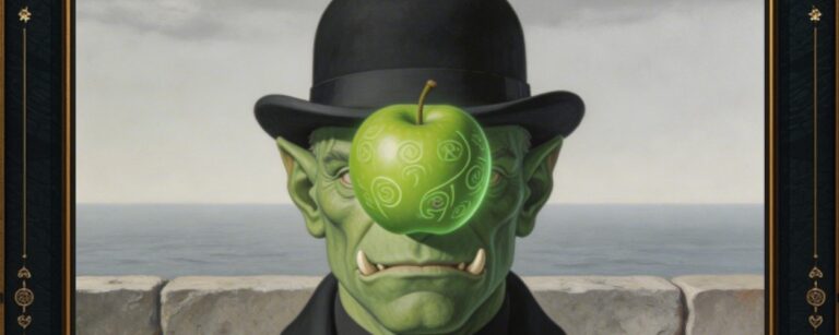 Parodie eines Magritte-Gemäldes im grünen Goldrahmen: Ein elegant gekleideter Ork im schwarzen Mantel und Bowler hat einen leuchtend grünen Apfel mit Runen vor dem Gesicht; im Hintergrund Meer und Steinmauer unter grauem Himmel.
