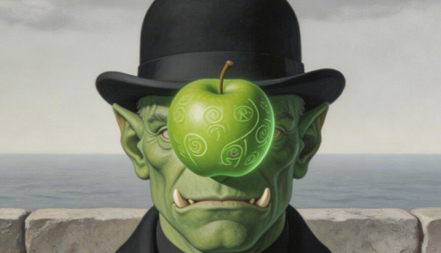 Parodie eines Magritte-Gemäldes im grünen Goldrahmen: Ein elegant gekleideter Ork im schwarzen Mantel und Bowler hat einen leuchtend grünen Apfel mit Runen vor dem Gesicht; im Hintergrund Meer und Steinmauer unter grauem Himmel.