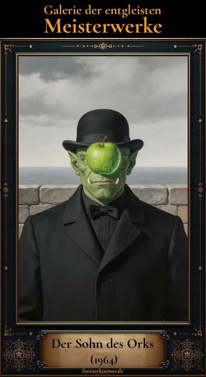 Parodie eines Magritte-Gemäldes im grünen Goldrahmen: Ein elegant gekleideter Ork im schwarzen Mantel und Bowler hat einen leuchtend grünen Apfel mit Runen vor dem Gesicht; im Hintergrund Meer und Steinmauer unter grauem Himmel. Oben steht „Galerie der entgleisten Meisterwerke“, unten die Plakette „Der Sohn des Orks (1964)“, Signatur „fantasykosmos.de“.