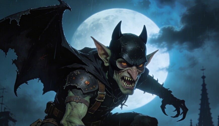 Fantasy-Sammelkarte im Hochformat mit grün-goldenem Zierrahmen: Ein hässlicher, fledermausbesessener Goblin in schwarzer Leder-Rüstung kauert auf einem steinernen Gargoyle über einer düsteren mittelalterlichen Stadt. Hinter ihm leuchtet ein voller Mond durch Regen und Wolken, unter ihm ziehen sich enge Gassen und spitze Türme durch die Nacht.