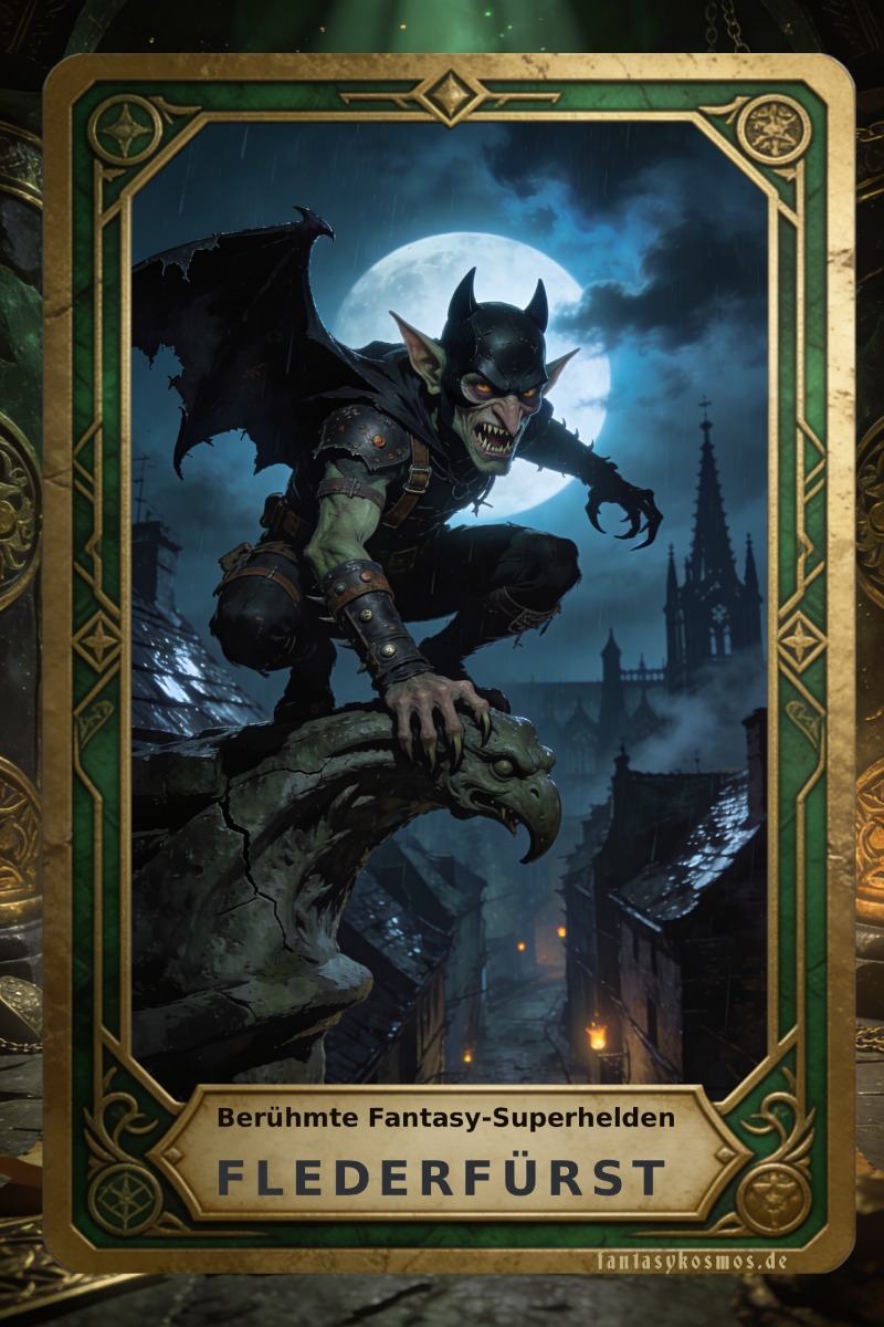 Fantasy-Sammelkarte im Hochformat mit grün-goldenem Zierrahmen: Ein hässlicher, fledermausbesessener Goblin in schwarzer Leder-Rüstung kauert auf einem steinernen Gargoyle über einer düsteren mittelalterlichen Stadt. Hinter ihm leuchtet ein voller Mond durch Regen und Wolken, unter ihm ziehen sich enge Gassen und spitze Türme durch die Nacht. Unten auf der Karte steht „Berühmte Fantasy-Superhelden“ und der Name „Flederfürst“, unten rechts die Signatur: fantasykosmos.de.