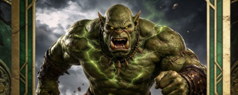 Fantasy-Sammelkarte im Hochformat mit grün-goldenem Zierrahmen: Ein massiger, grünhäutiger orkischer Superheld stürmt mit gebleckten Hauern und leuchtenden Energieadern frontal durch felsiges Gelände, während Staub, Geröll und Gewitterwolken um ihn herum aufbrechen.