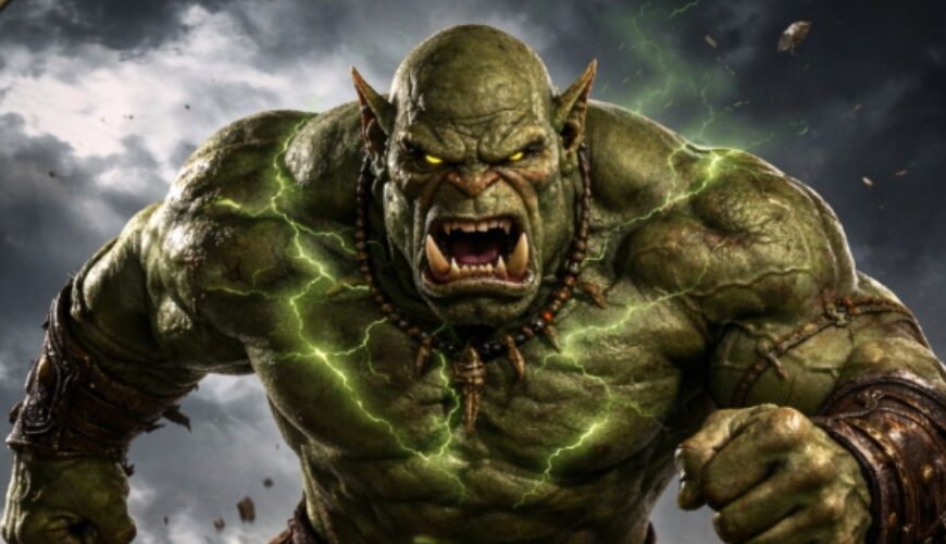 Fantasy-Sammelkarte im Hochformat mit grün-goldenem Zierrahmen: Ein massiger, grünhäutiger orkischer Superheld stürmt mit gebleckten Hauern und leuchtenden Energieadern frontal durch felsiges Gelände, während Staub, Geröll und Gewitterwolken um ihn herum aufbrechen.