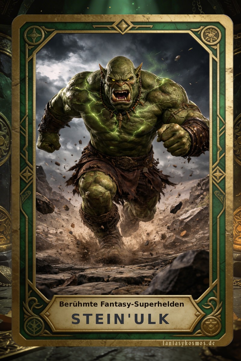 Fantasy-Sammelkarte im Hochformat mit grün-goldenem Zierrahmen: Ein massiger, grünhäutiger orkischer Superheld stürmt mit gebleckten Hauern und leuchtenden Energieadern frontal durch felsiges Gelände, während Staub, Geröll und Gewitterwolken um ihn herum aufbrechen. Unten auf der Karte steht „Berühmte Fantasy-Superhelden“ und der Name „Stein'ulk“, unten rechts die Signatur: fantasykosmos.de.