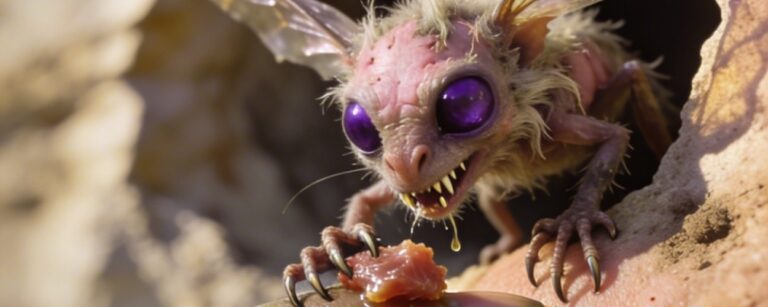 Makroartiges Fantasy-Naturfoto im Hochformat: Eine grünliche orkische Hand hält ein kleines Stück Fleisch an eine Felsöffnung im warmen Sonnenlicht. Daraus kriecht ein winziger, grotesker Flatterkobold mit violetten Augen, zerrissenen Flügeln, scharfen Zähnen und klauenartigen Fingern, der nach dem Futter schnappt.