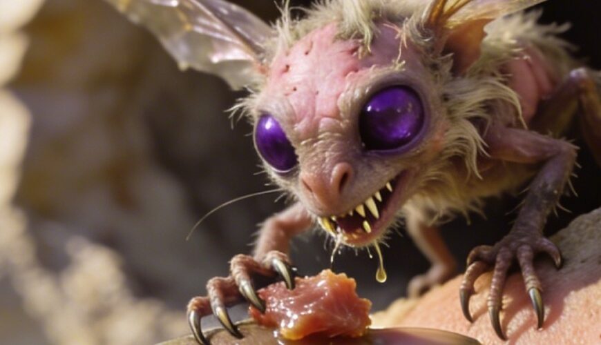 Makroartiges Fantasy-Naturfoto im Hochformat: Eine grünliche orkische Hand hält ein kleines Stück Fleisch an eine Felsöffnung im warmen Sonnenlicht. Daraus kriecht ein winziger, grotesker Flatterkobold mit violetten Augen, zerrissenen Flügeln, scharfen Zähnen und klauenartigen Fingern, der nach dem Futter schnappt.