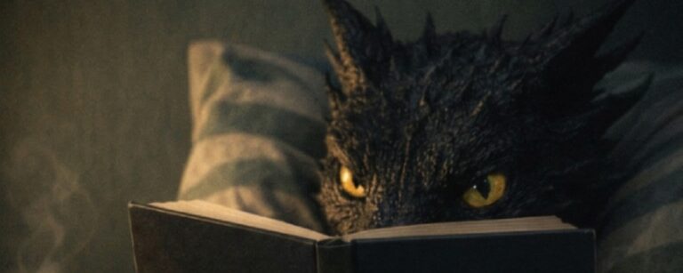 Ein schwarzer Drache liegt im Bett unter grün karierten Decken und liest ein Buch mit dem Titel „Vom Kupferstück zum Drachenhort – Investment für Schuppenwesen“. Nur seine gelben Augen schauen über den Buchrand; gemütliches, dunkles Licht und eine dampfende Tasse im Hintergrund.