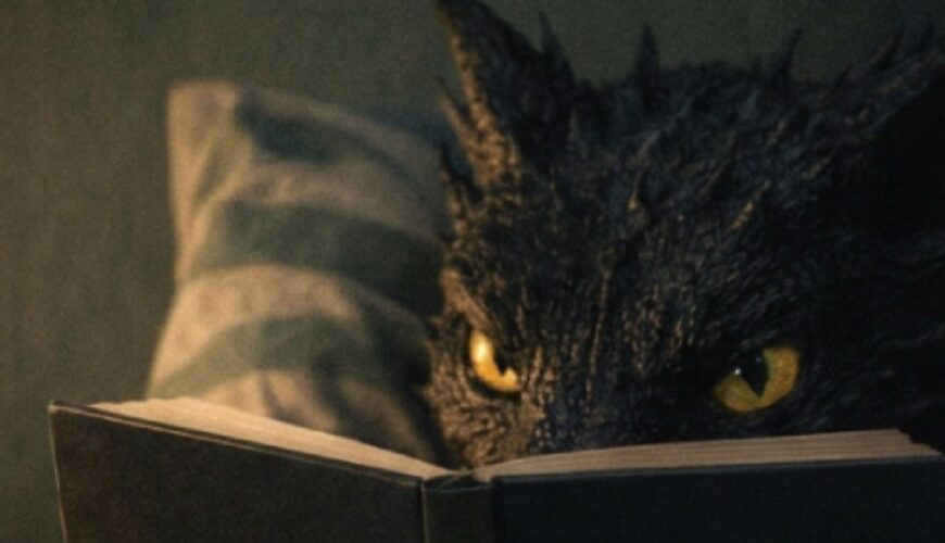 Ein schwarzer Drache liegt im Bett unter grün karierten Decken und liest ein Buch mit dem Titel „Vom Kupferstück zum Drachenhort – Investment für Schuppenwesen“. Nur seine gelben Augen schauen über den Buchrand; gemütliches, dunkles Licht und eine dampfende Tasse im Hintergrund.