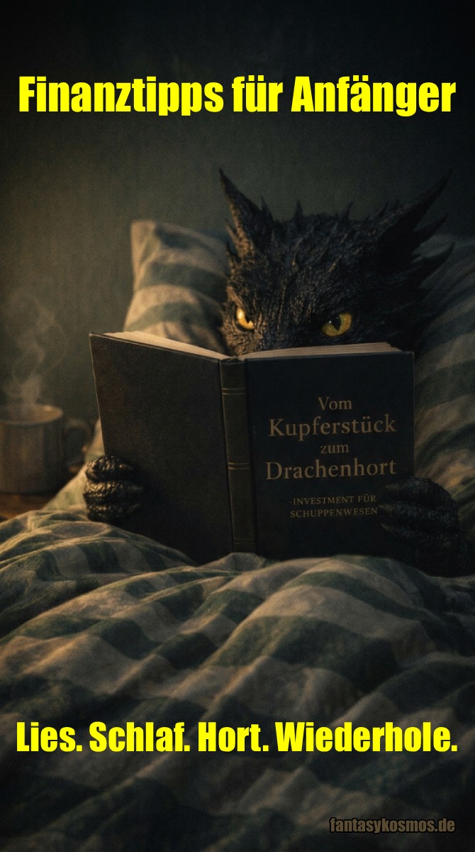 Ein schwarzer Drache liegt im Bett unter grün karierten Decken und liest ein Buch mit dem Titel „Vom Kupferstück zum Drachenhort – Investment für Schuppenwesen“. Nur seine gelben Augen schauen über den Buchrand; gemütliches, dunkles Licht und eine dampfende Tasse im Hintergrund. Meme-Text: „Finanztipps für Anfänger: LIES. SCHLAF. HORT. WIEDERHOLE.“