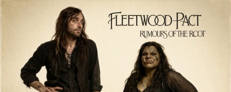 Quadratisches Fantasy-Albumcover als Parodie eines 70er-Klassikers: Vor cremefarbenem Studiohintergrund posiert links ein abgewrackter Magier-Barde in schwarzer Kleidung mit müdem Blick; am Gürtel hängen zwei glimmende Mandragora-Knollen. Rechts steht eine kräftige Ork-Dame mit Umhang, ein Fuß auf einem Runenhocker, die Hand in die Hüfte gestemmt. Oben rechts steht „Fleetwood Pact – Rumours of the Root“.