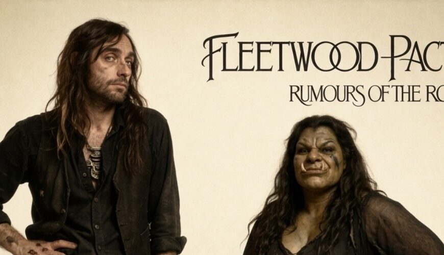 Quadratisches Fantasy-Albumcover als Parodie eines 70er-Klassikers: Vor cremefarbenem Studiohintergrund posiert links ein abgewrackter Magier-Barde in schwarzer Kleidung mit müdem Blick; am Gürtel hängen zwei glimmende Mandragora-Knollen. Rechts steht eine kräftige Ork-Dame mit Umhang, ein Fuß auf einem Runenhocker, die Hand in die Hüfte gestemmt. Oben rechts steht „Fleetwood Pact – Rumours of the Root“.