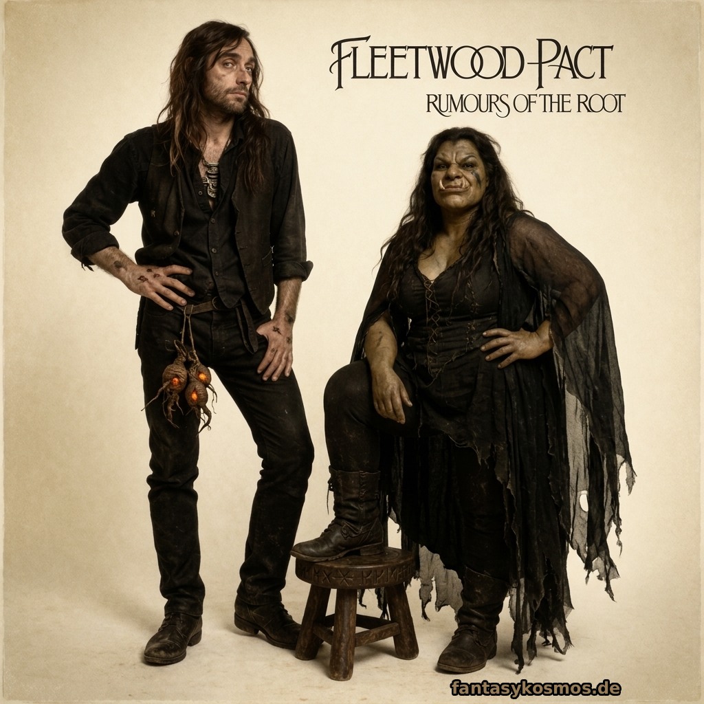 Quadratisches Fantasy-Albumcover als Parodie eines 70er-Klassikers: Vor cremefarbenem Studiohintergrund posiert links ein abgewrackter Magier-Barde in schwarzer Kleidung mit müdem Blick; am Gürtel hängen zwei glimmende Mandragora-Knollen. Rechts steht eine kräftige Ork-Dame mit Umhang, ein Fuß auf einem Runenhocker, die Hand in die Hüfte gestemmt. Oben rechts steht „Fleetwood Pact – Rumours of the Root“.