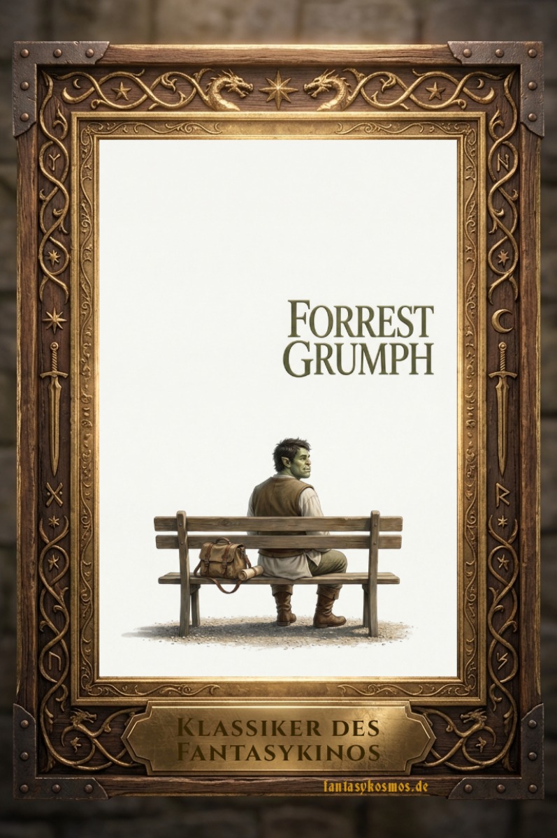 Fantasy-Filmplakat im verzierten Holzrahmen: Auf hellem, fast leerem Hintergrund sitzt ein freundlicher Halbork mit Reisebeutel auf einer einfachen Bank und blickt über die Schulter. Rechts über ihm steht der Titel „Forrest Grumph“. Unten am Rahmen steht „Klassiker des Fantasykinos“, Signatur „fantasykosmos.de“.