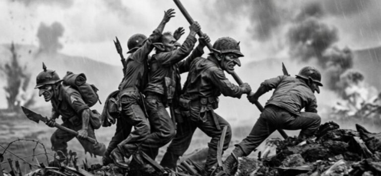 Schwarzweißes „Archivfoto“ im abgenutzten Papierrahmen: mehrere Goblin-Soldaten hissen eine große Flagge mit Schädel-Symbol auf einem Trümmerhügel, im Hintergrund Rauch und Schlachtfeld.