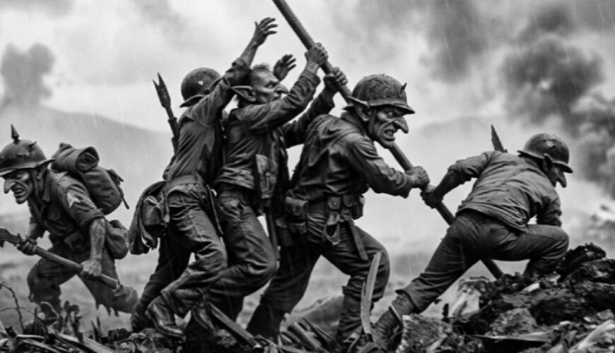 Schwarzweißes „Archivfoto“ im abgenutzten Papierrahmen: mehrere Goblin-Soldaten hissen eine große Flagge mit Schädel-Symbol auf einem Trümmerhügel, im Hintergrund Rauch und Schlachtfeld.