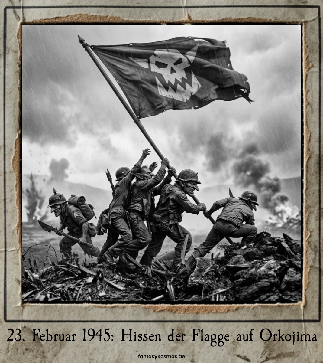 Schwarzweißes „Archivfoto“ im abgenutzten Papierrahmen: mehrere Goblin-Soldaten hissen eine Flagge mit Schädel-Symbol auf einem Trümmerhügel; Regen, Rauch und Schlachtfeld im Hintergrund. Unten steht: „23. Februar 1945: Hissen der Flagge auf Orkojima“, Signatur „fantasykosmos.de“.